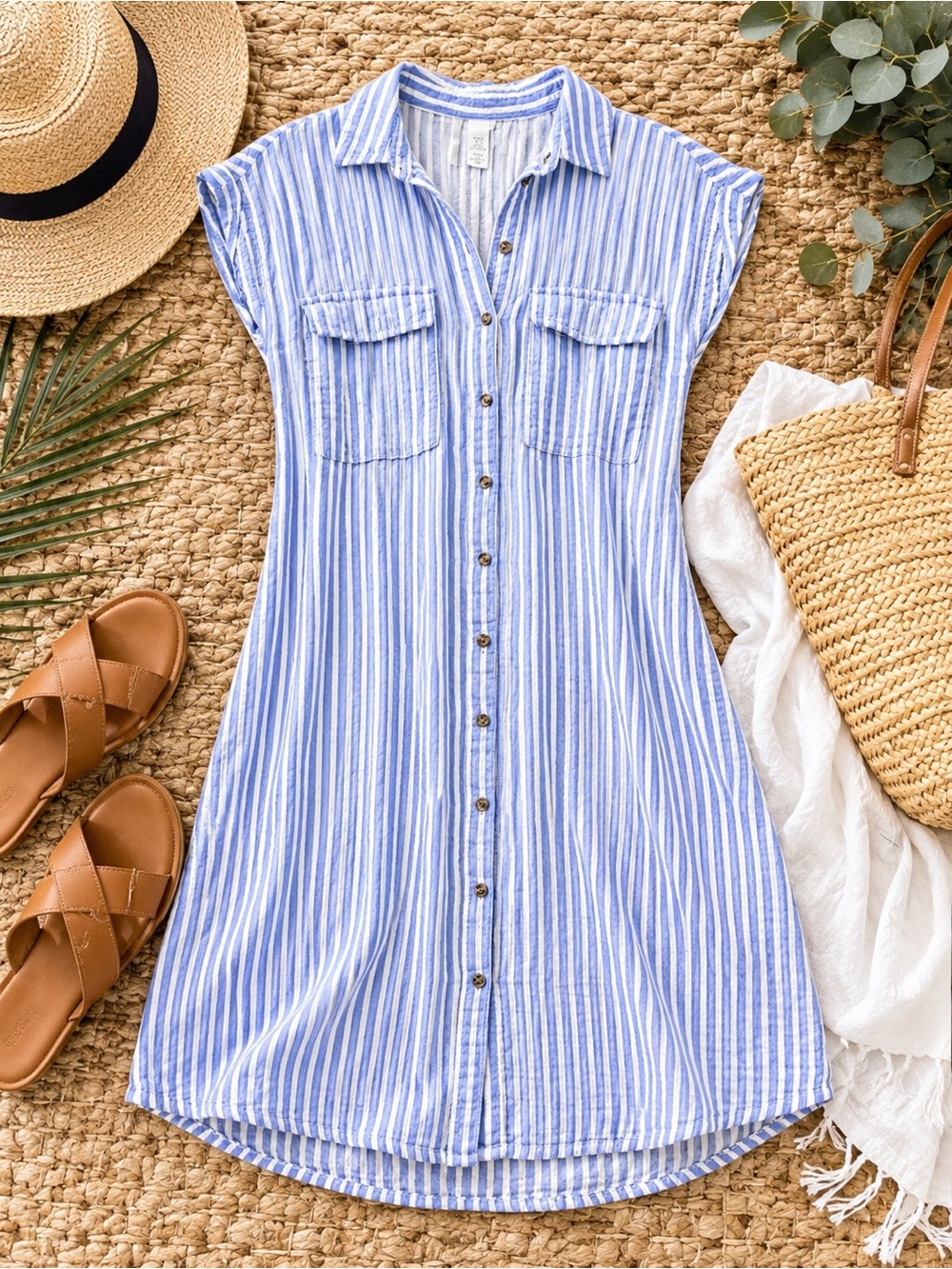 H&M Blue White Striped Cotton Gauze Shirt Dress XS Beach Cover Up Coastal Summer - Picture 1 of 9